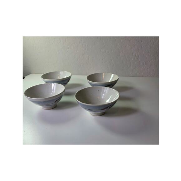 JAPANESE Blue Brown Hand Painted Glazed Rice Bowls Set of 4 - Picture 3 of 10